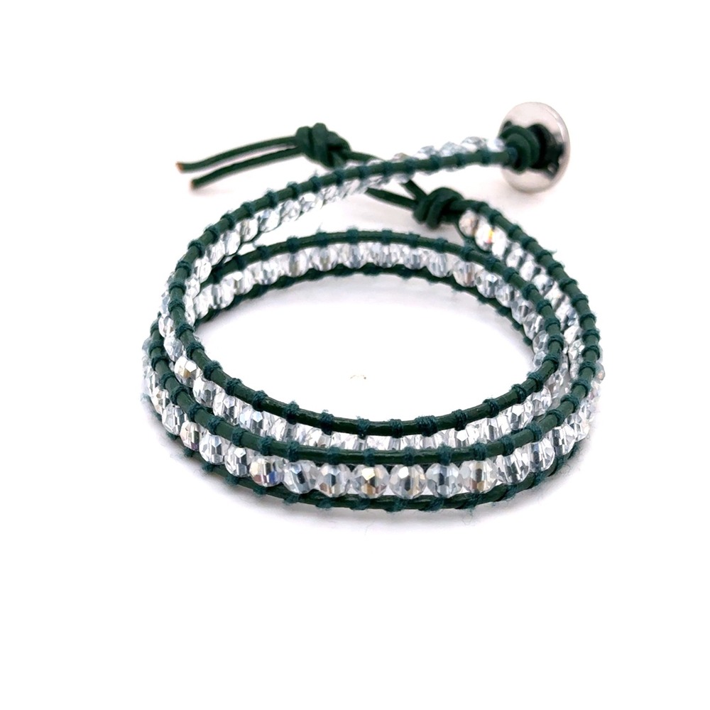 Victoria Emerson Crystal Wrap Bracelet Green Leather Silver Button Closure 14"